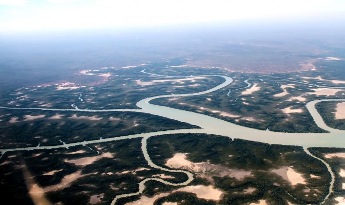 A bird’s eye view of the water ways taken from a charter flight into Wiligi